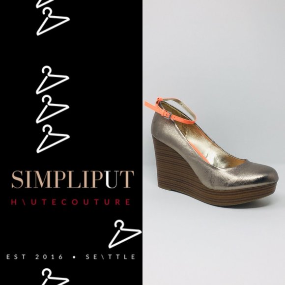 R2 Larissa Wedge Platform Ankle Strap Metallic Sparkle Gunmetal Neon Orange 10 - Picture 1 of 8